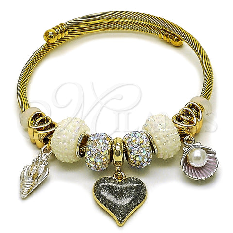 Stainless Steel Individual Bangle, Heart and Shell Design, with Aurore Boreale Crystal and Ivory Pearl, Grey Enamel Finish, Golden Finish, 07.442.0003