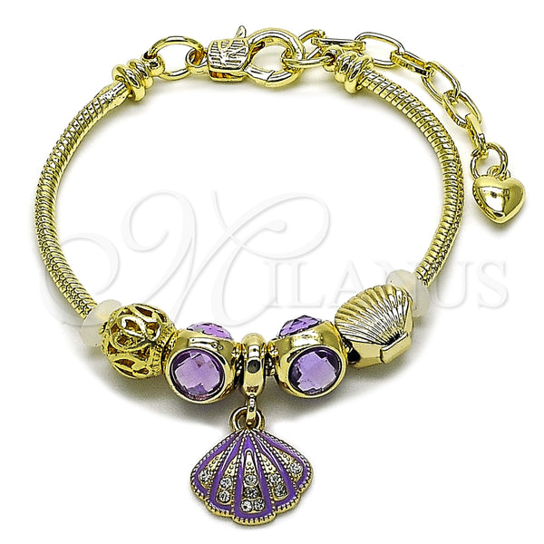Oro Laminado Charm Bracelet, Gold Filled Style Shell Design, with Amethyst and White Cubic Zirconia, Purple Enamel Finish, Golden Finish, 03.442.0007.1.07