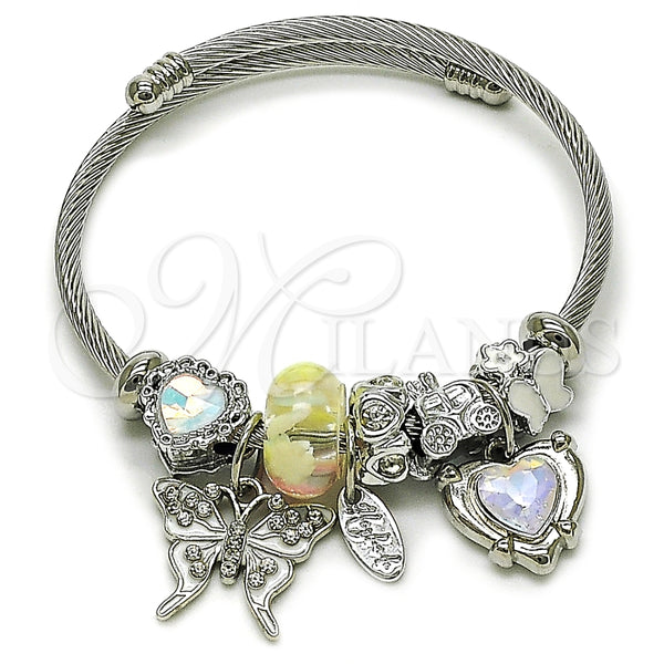 Stainless Steel Individual Bangle, Butterfly and Heart Design, with Aurore Boreale and White Crystal, White Enamel Finish, Steel Finish, 07.442.0004