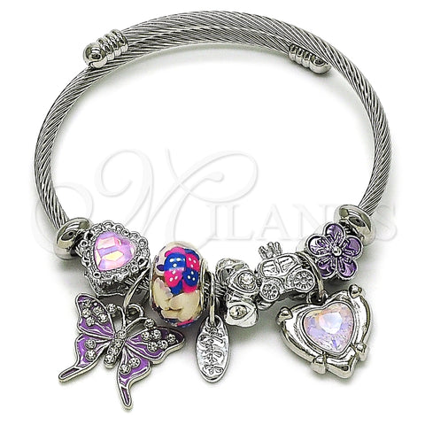 Stainless Steel Individual Bangle, Butterfly and Heart Design, with Pink and White Crystal, Purple Enamel Finish, Steel Finish, 07.442.0004.1