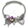 Stainless Steel Individual Bangle, Butterfly and Heart Design, with Pink and White Crystal, Purple Enamel Finish, Steel Finish, 07.442.0004.1