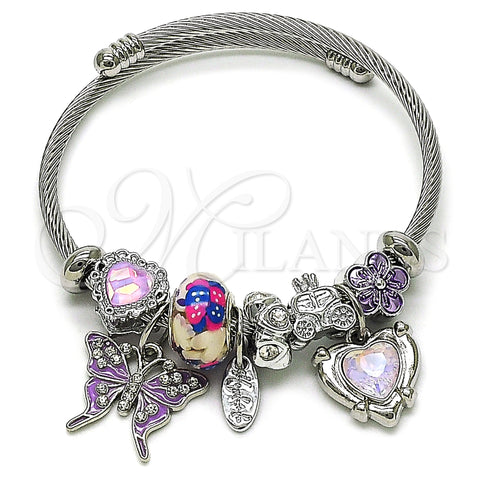 Stainless Steel Individual Bangle, Butterfly and Heart Design, with Pink and White Crystal, Purple Enamel Finish, Steel Finish, 07.442.0004.1 (03 MM Thickness, One size fits all)