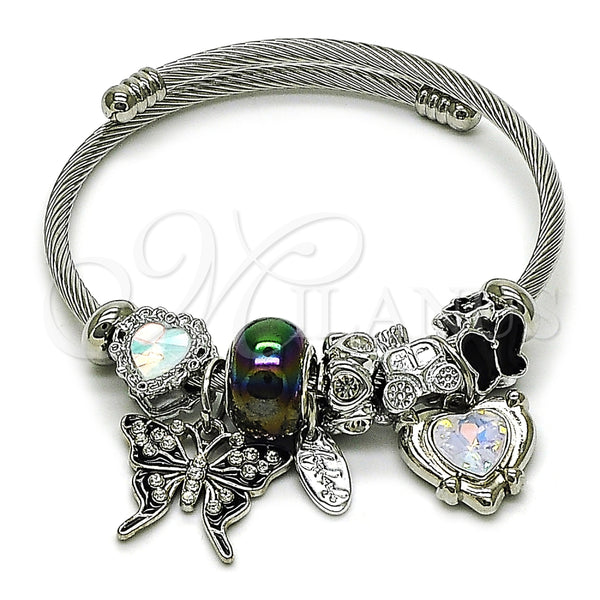 Stainless Steel Individual Bangle, Butterfly and Heart Design, with Aurore Boreale and White Crystal, Black Enamel Finish, Steel Finish, 07.442.0004.2