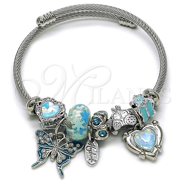 Stainless Steel Individual Bangle, Butterfly and Heart Design, with Light Turquoise and White Crystal, Turquoise Enamel Finish, Steel Finish, 07.442.0004.3