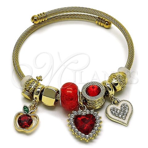 Stainless Steel Individual Bangle, Heart and Apple Design, with Garnet and White Crystal, Polished, Golden Finish, 07.442.0005 (03 MM Thickness, One size fits all)