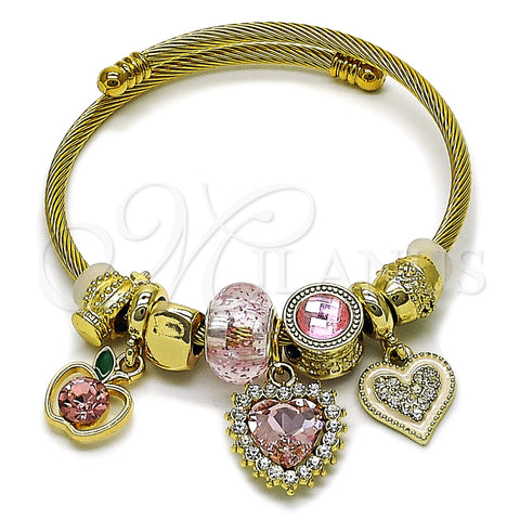 Stainless Steel Individual Bangle, Heart and Apple Design, with White and Pink Crystal, Polished, Golden Finish, 07.442.0005.1 (03 MM Thickness, One size fits all)