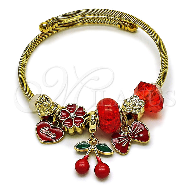 Stainless Steel Individual Bangle, Cherry and Heart Design, with Garnet and White Crystal, Red Enamel Finish, Golden Finish, 07.442.0006