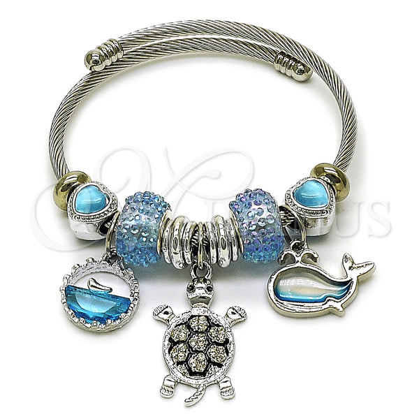 Stainless Steel Individual Bangle, Turtle and Dolphin Design, with Light Turquoise and White Crystal, Polished, Steel Finish, 07.442.0007 (03 MM Thickness, One size fits all)