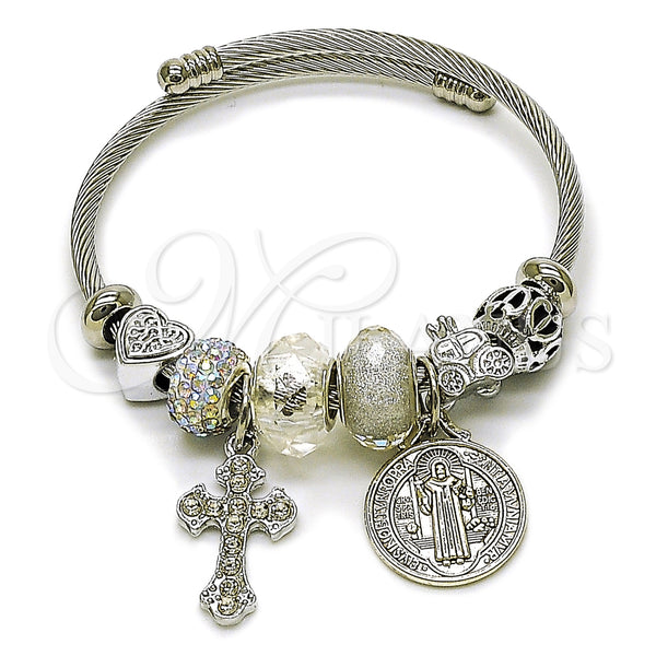 Stainless Steel Individual Bangle, San Benito and Cross Design, with Aurore Boreale and White Crystal, Polished, Steel Finish, 07.442.0008 (03 MM Thickness, One size fits all)