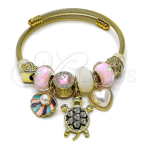 Stainless Steel Individual Bangle, Turtle and Shell Design, with Pink and White Crystal, Polished, Golden Finish, 07.442.0009 (03 MM Thickness, One size fits all)