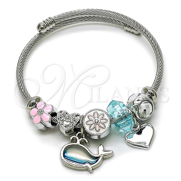 Stainless Steel Individual Bangle, Fish and Heart Design, with Turquoise and White Crystal, Pink Enamel Finish, Steel Finish, 07.442.0013