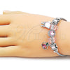 Stainless Steel Individual Bangle, Teddy Bear and Apple Design, with Pink Crystal, Pink Enamel Finish, Steel Finish, 07.442.0014 (03 MM Thickness, One size fits all)