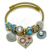 Stainless Steel Individual Bangle, Heart and Shell Design, with Light Turquoise and Aurore Boreale Crystal, Turquoise Enamel Finish, Golden Finish, 07.442.0015