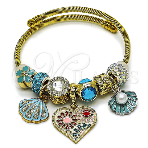 Stainless Steel Individual Bangle, Heart and Shell Design, with Light Turquoise and Aurore Boreale Crystal, Turquoise Enamel Finish, Golden Finish, 07.442.0015 (03 MM Thickness, One size fits all)