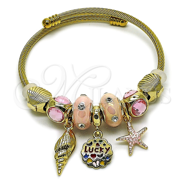 Stainless Steel Individual Bangle, Star and Shell Design, with Pink and White Crystal, Pink Enamel Finish, Golden Finish, 07.442.0016
