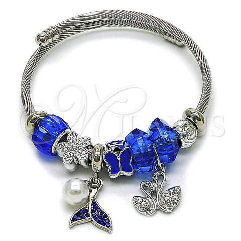 Stainless Steel Individual Bangle, Butterfly and Swan Design, with Sapphire Blue and White Crystal, Blue Enamel Finish, Steel Finish, 07.442.0017 (03 MM Thickness, One size fits all)