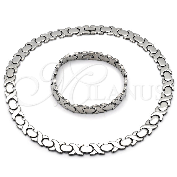 Stainless Steel Necklace and Bracelet, Hugs and Kisses and Heart Design, Polished, Steel Finish, 06.231.0034