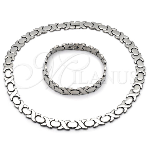 Stainless Steel Necklace and Bracelet, Hugs and Kisses and Heart Design, Polished, Steel Finish, 06.231.0034