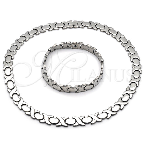 Stainless Steel Necklace and Bracelet, Hugs and Kisses and Heart Design, Polished, Steel Finish, 06.231.0034