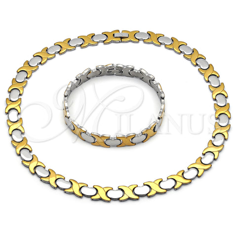 Stainless Steel Necklace and Bracelet, Hugs and Kisses and Heart Design, Polished, Two Tone, 06.231.0034.1