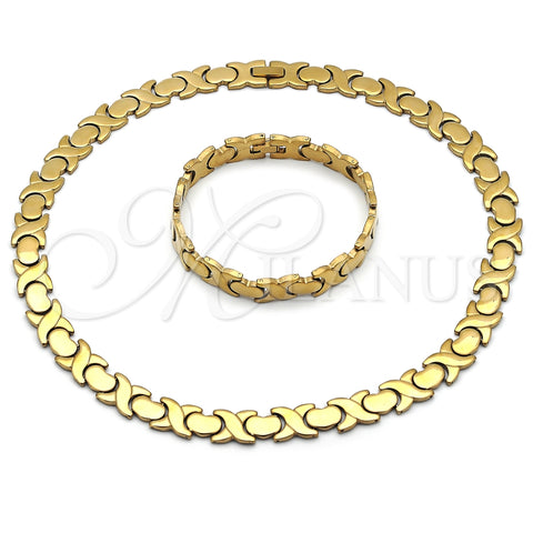 Stainless Steel Necklace and Bracelet, Hugs and Kisses and Heart Design, Polished, Golden Finish, 06.231.0034.2