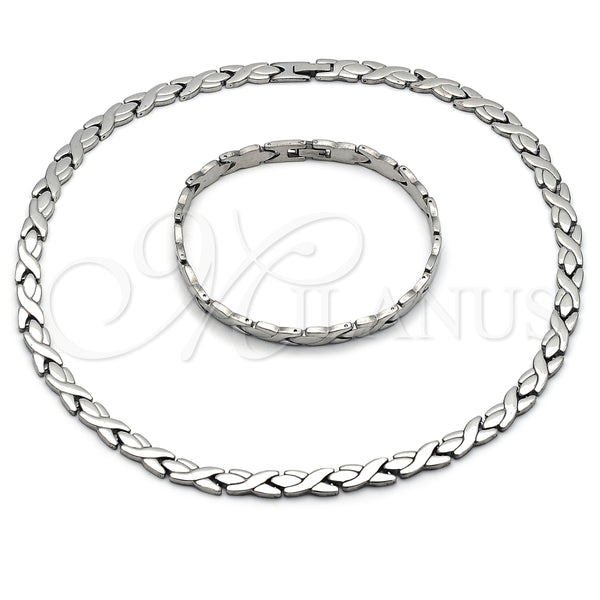 Stainless Steel Necklace and Bracelet, Hugs and Kisses Design, Polished, Steel Finish, 06.231.0035