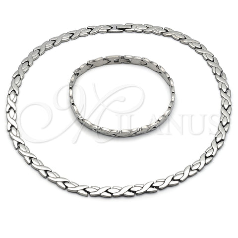 Stainless Steel Necklace and Bracelet, Hugs and Kisses Design, Polished, Steel Finish, 06.231.0035
