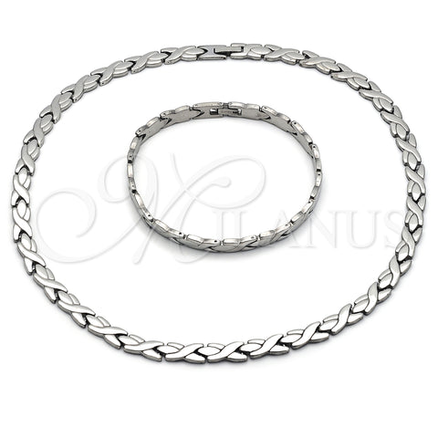 Stainless Steel Necklace and Bracelet, Hugs and Kisses Design, Polished, Steel Finish, 06.231.0035