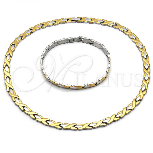 Stainless Steel Necklace and Bracelet, Hugs and Kisses Design, Polished, Two Tone, 06.231.0035.1