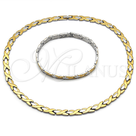 Stainless Steel Necklace and Bracelet, Hugs and Kisses Design, Polished, Two Tone, 06.231.0035.1