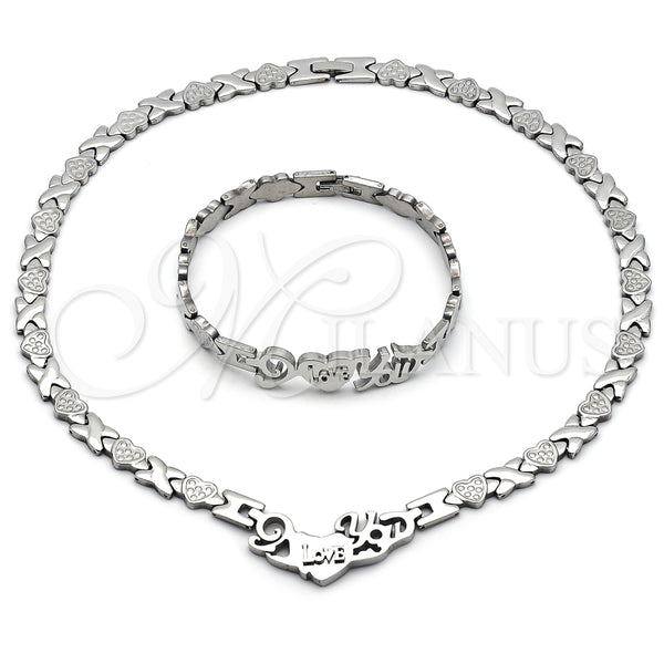 Stainless Steel Necklace and Bracelet, Hugs and Kisses and Heart Design, Polished, Silver Finish, 06.231.0036