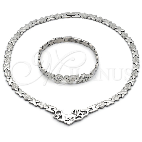 Stainless Steel Necklace and Bracelet, Hugs and Kisses and Heart Design, Polished, Silver Finish, 06.231.0036