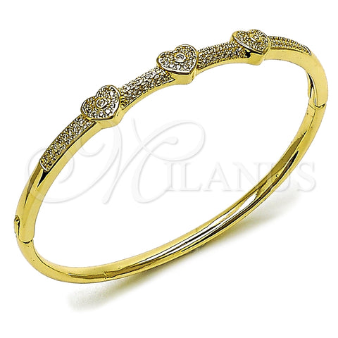 Oro Laminado Individual Bangle, Gold Filled Style Heart Design, with White Micro Pave and White Cubic Zirconia, Polished, Golden Finish, 07.283.0007.04