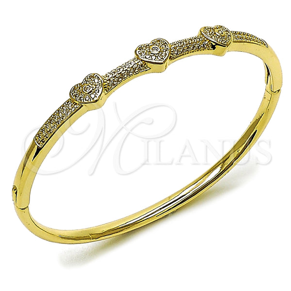 Oro Laminado Individual Bangle, Gold Filled Style Heart Design, with White Micro Pave and White Cubic Zirconia, Polished, Golden Finish, 07.283.0007.04 (Thickness, Size 4 (2.25 Diameter))