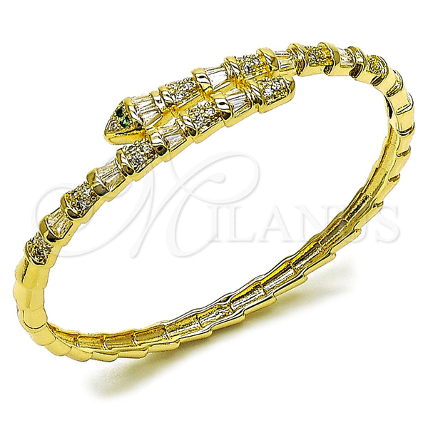 Oro Laminado Individual Bangle, Gold Filled Style Snake and Baguette Design, with White Cubic Zirconia and White Micro Pave, Polished, Golden Finish, 07.282.0076.04