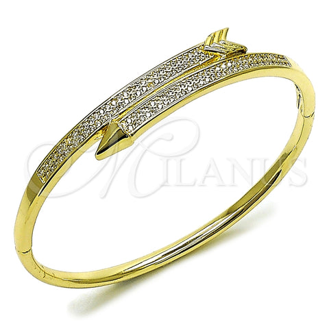 Oro Laminado Individual Bangle, Gold Filled Style Arrow Design, with White Micro Pave, Polished, Golden Finish, 07.283.0008.04