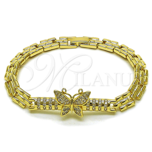 Oro Laminado Fancy Bracelet, Gold Filled Style Butterfly Design, with White Cubic Zirconia, Polished, Golden Finish, 03.283.0547.07
