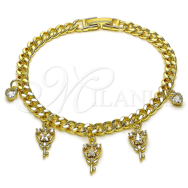 Oro Laminado Charm Bracelet, Gold Filled Style key and Heart Design, with White Cubic Zirconia, Polished, Golden Finish, 03.283.0548.07