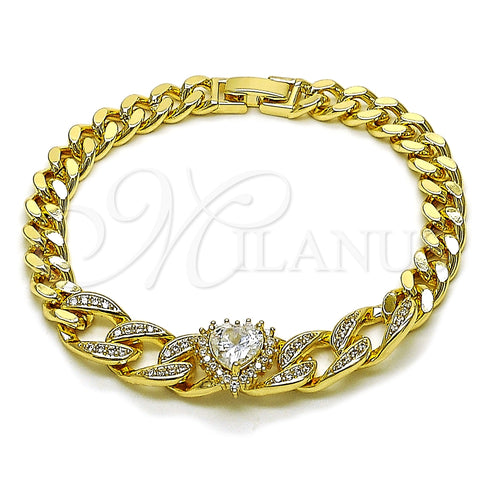Oro Laminado Fancy Bracelet, Gold Filled Style Heart and Cluster Design, with White Cubic Zirconia and White Micro Pave, Polished, Golden Finish, 03.283.0549.07