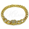 Oro Laminado Fancy Bracelet, Gold Filled Style Heart and Miami Cuban Design, with White Cubic Zirconia and White Micro Pave, Polished, Golden Finish, 03.283.0550.07