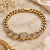 Oro Laminado Fancy Bracelet, Gold Filled Style Heart and Miami Cuban Design, with White Cubic Zirconia and White Micro Pave, Polished, Golden Finish, 03.283.0550.07 (Thickness, 8 Inches Length)