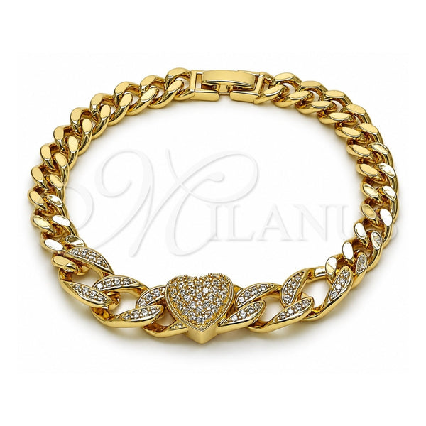 Oro Laminado Fancy Bracelet, Gold Filled Style Heart and Miami Cuban Design, with White Cubic Zirconia and White Micro Pave, Polished, Golden Finish, 03.283.0550.07 (Thickness, 8 Inches Length)