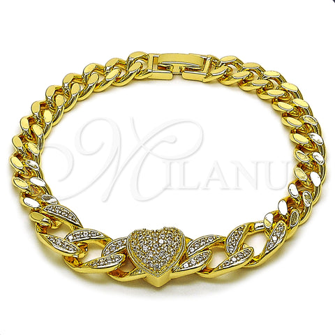 Oro Laminado Fancy Bracelet, Gold Filled Style Heart and Miami Cuban Design, with White Cubic Zirconia and White Micro Pave, Polished, Golden Finish, 03.283.0550.07 (Thickness, 8 Inches Length)