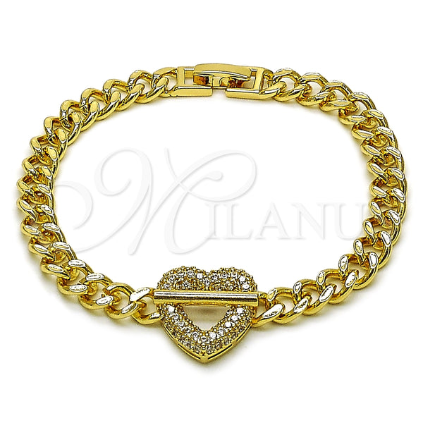 Oro Laminado Fancy Bracelet, Gold Filled Style Heart and Miami Cuban Design, with White Micro Pave, Polished, Golden Finish, 03.283.0551.07
