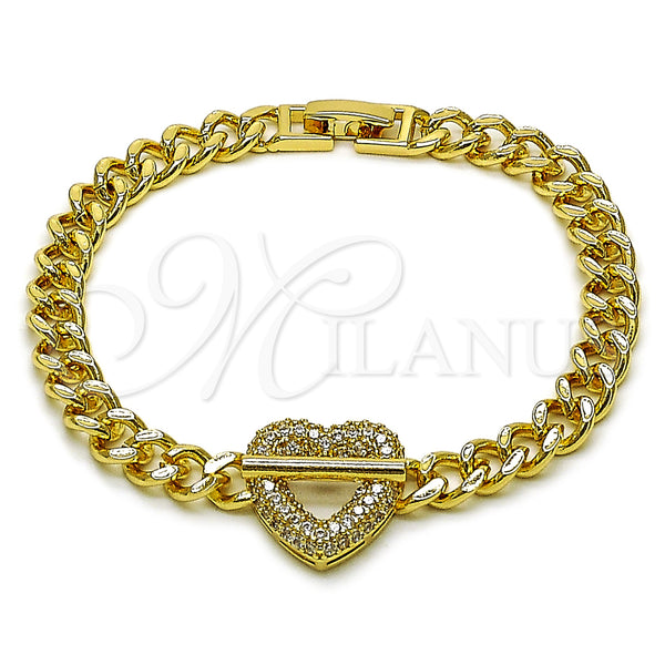 Oro Laminado Fancy Bracelet, Gold Filled Style Heart and Miami Cuban Design, with White Micro Pave, Polished, Golden Finish, 03.283.0551.07 (Thickness, 7 Inches Length)