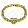 Oro Laminado Fancy Bracelet, Gold Filled Style Heart and Miami Cuban Design, with White Micro Pave, Polished, Golden Finish, 03.283.0551.07 (Thickness, 7 Inches Length)