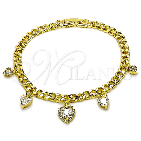 Oro Laminado Charm Bracelet, Gold Filled Style Heart and Miami Cuban Design, with White Cubic Zirconia and White Micro Pave, Polished, Golden Finish, 03.283.0552.07 (05 MM Thickness, 7 Inches Length)