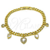 Oro Laminado Charm Bracelet, Gold Filled Style Heart and Miami Cuban Design, with White Cubic Zirconia and White Micro Pave, Polished, Golden Finish, 03.283.0552.07 (05 MM Thickness, 7 Inches Length)