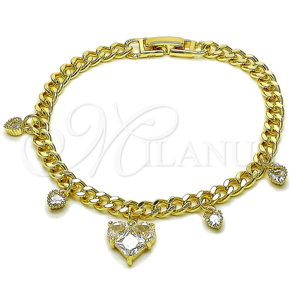 Oro Laminado Charm Bracelet, Gold Filled Style Heart and Miami Cuban Design, with White Cubic Zirconia, Polished, Golden Finish, 03.283.0553.07 (05 MM Thickness, 7 Inches Length)