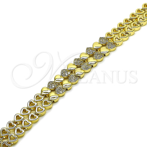 Oro Laminado Tennis Bracelet, Gold Filled Style Heart Design, with White Micro Pave, Polished, Golden Finish, 03.283.0554.07